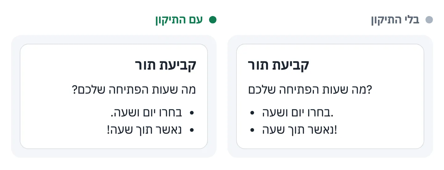 שני כרטיסים של אותו מסך, "קביעת תור". בימני, בלי התיקון, הטקסט מיושר לשמאל, סימן השאלה וסימן הקריאה מופיעים בתחילת השורות, והתבליטים בצד שמאל. בשמאלי, עם התיקון, הכל מיושר לימין והפיסוק בסוף המשפטים.